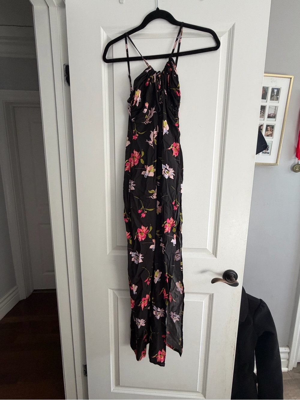 Black Floral Maxi Dress with Pink & Red Blooms